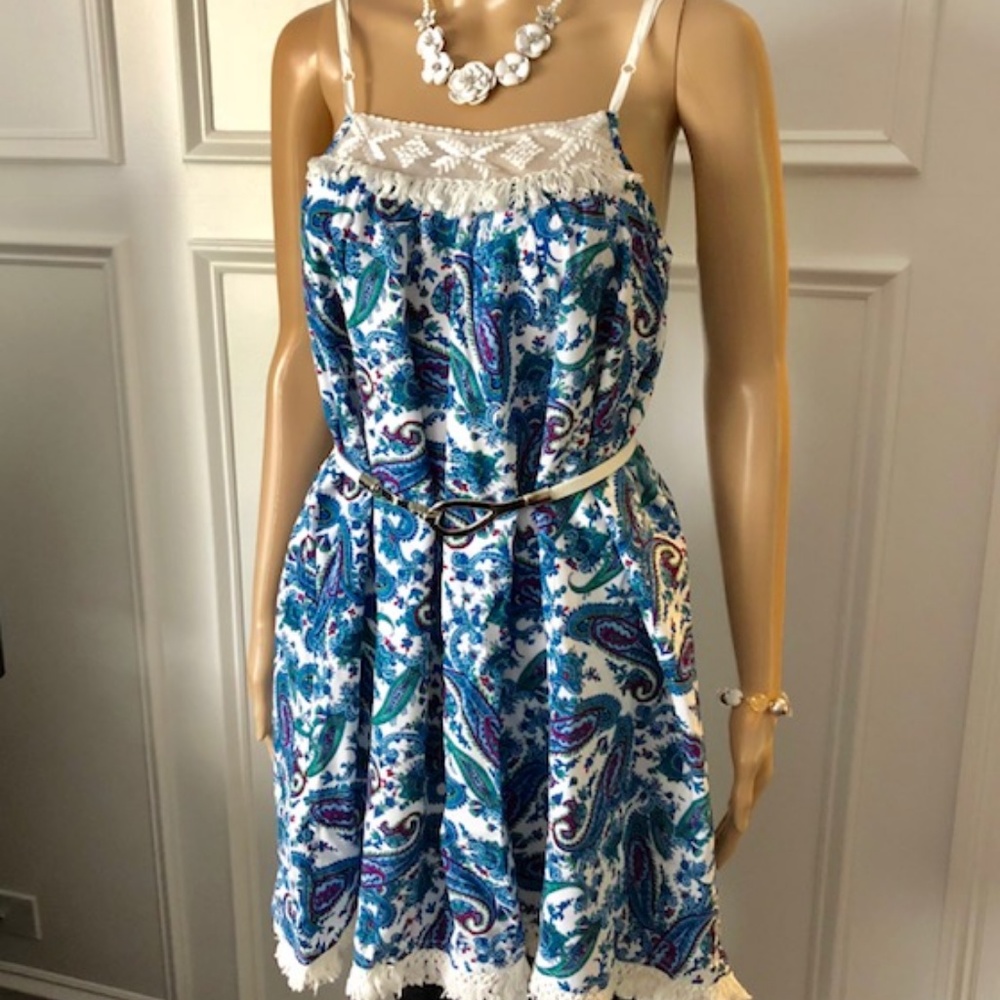Pretty Blue Paisley Boho Fringe Flowy Dress - NEW!